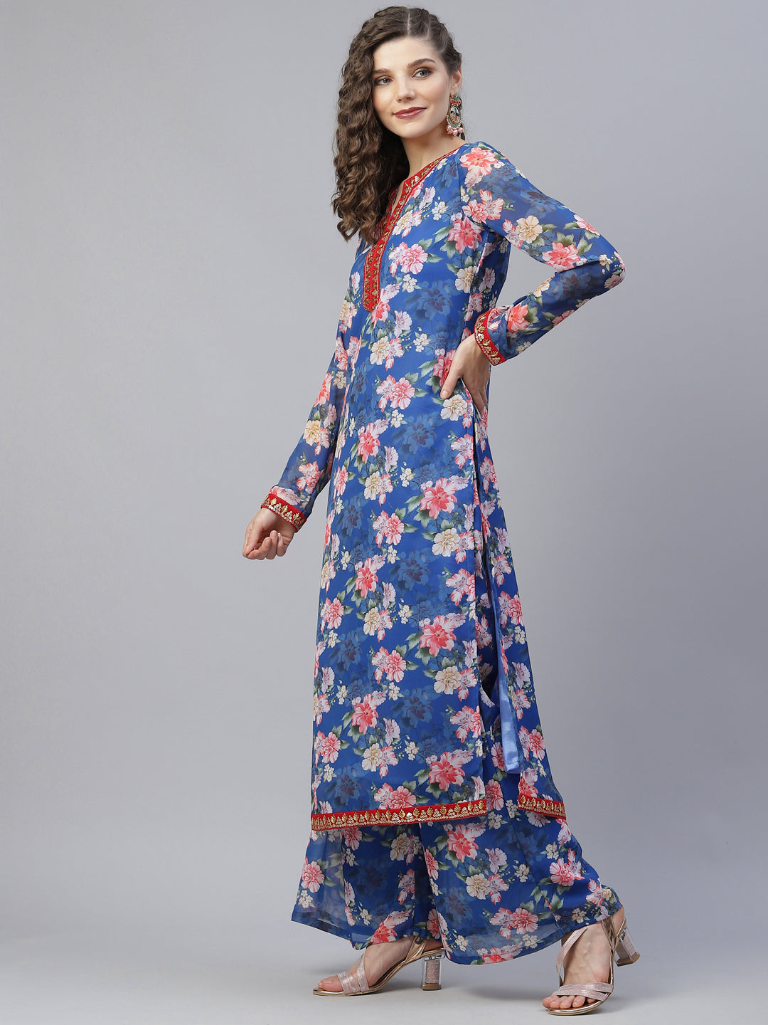 Blue Floral Print Kurta Palazzo With Dupatta - Elganza