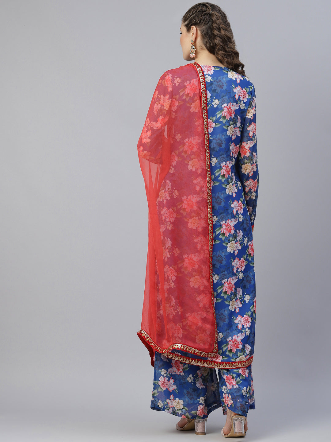 Blue Floral Print Kurta Palazzo With Dupatta - Elganza