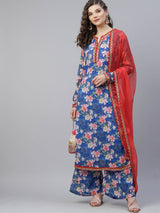 Blue Floral Print Kurta Palazzo With Dupatta - Elganza