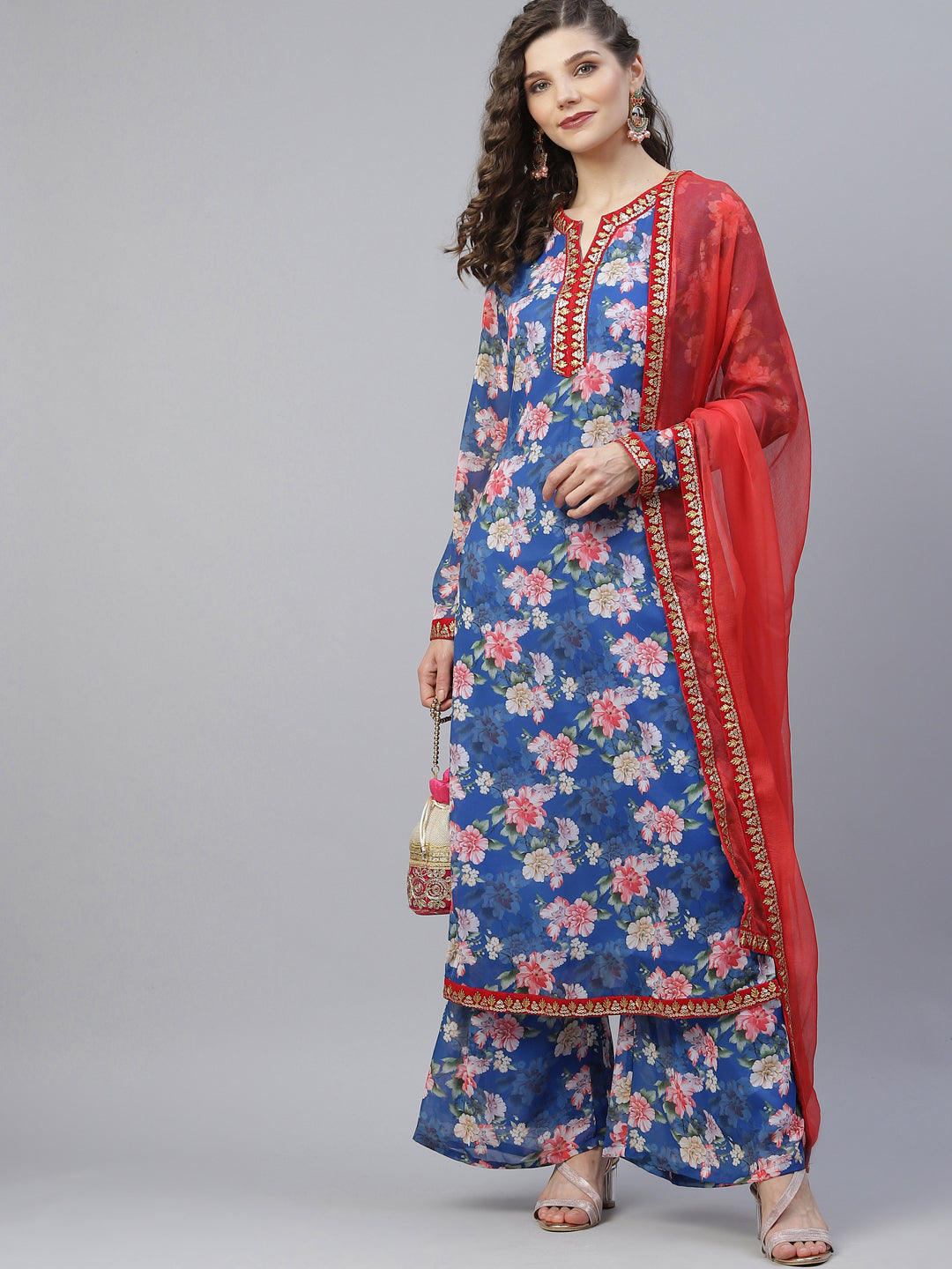 Blue Floral Print Kurta Palazzo With Dupatta - Elganza