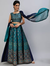 Teal Blue Gold Zari Work Lehenga Choli With Dupatta - Elganza