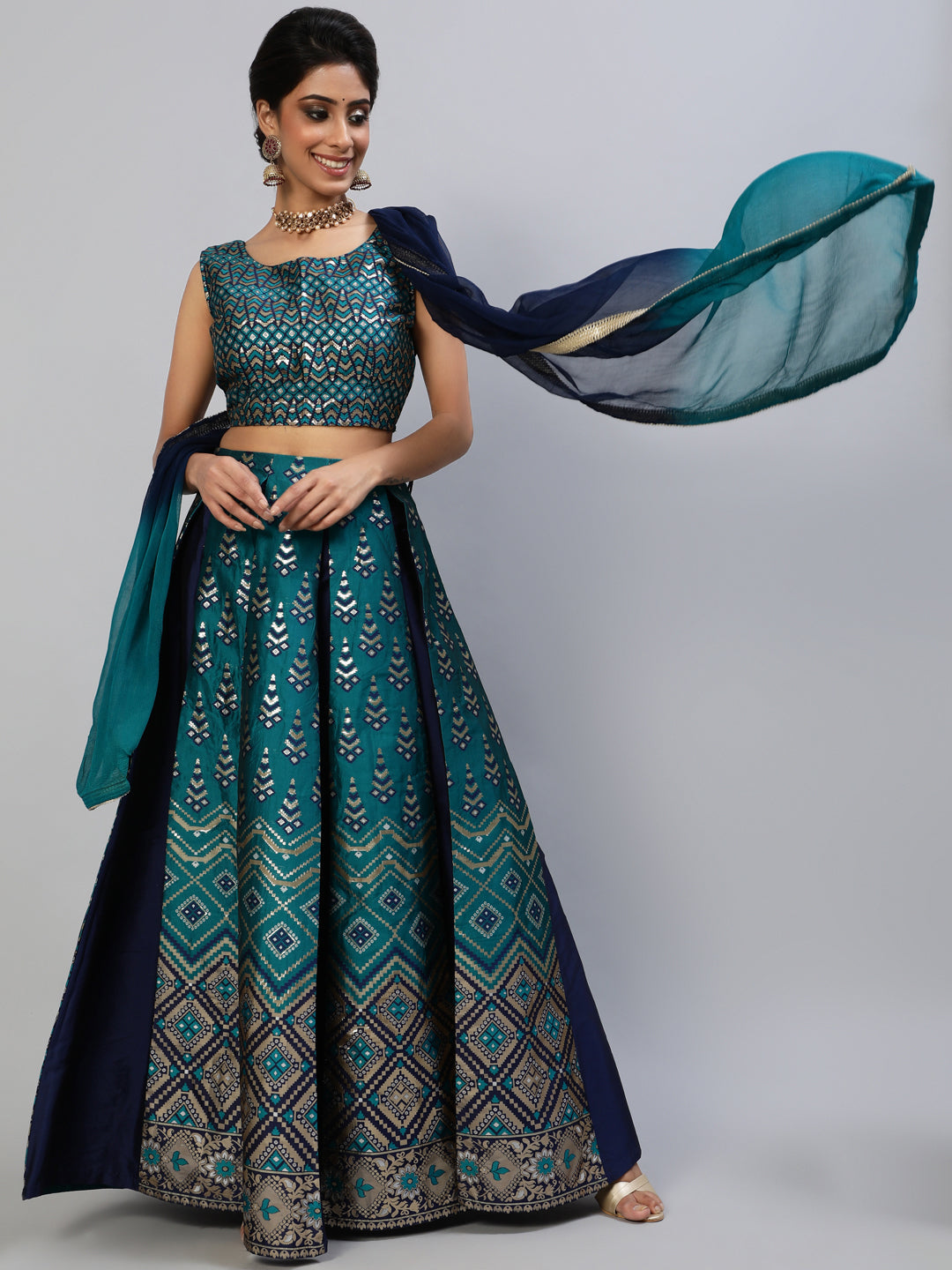 Teal Blue Gold Zari Work Lehenga Choli With Dupatta - Elganza