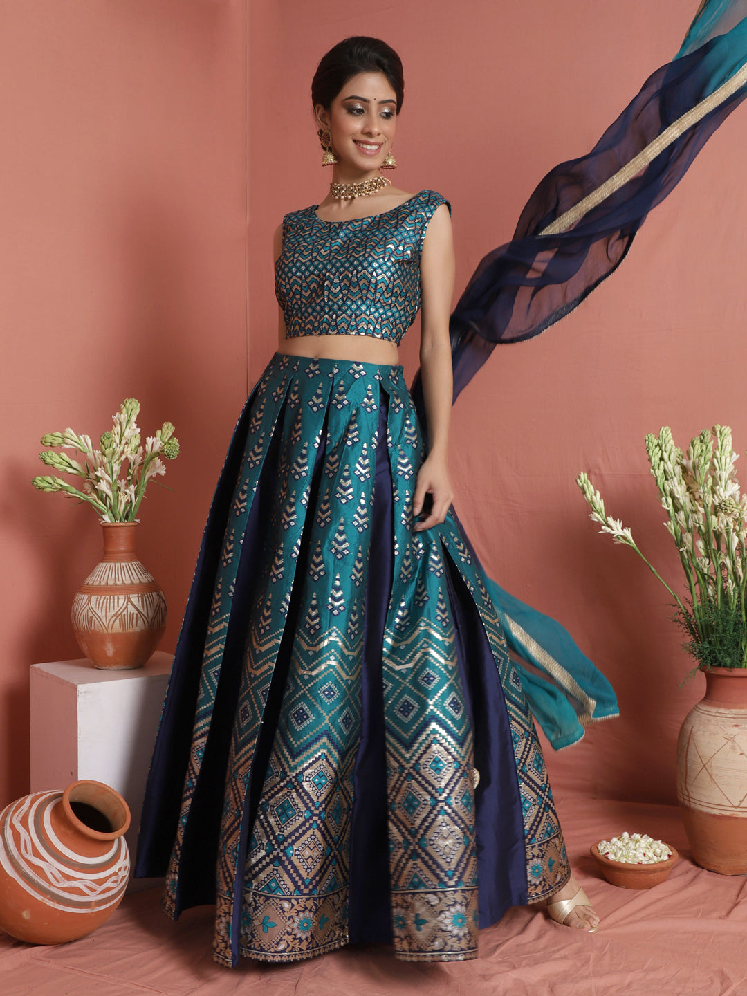 Teal Blue Gold Zari Work Lehenga Choli With Dupatta - Elganza