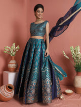 Teal Blue Gold Zari Work Lehenga Choli With Dupatta - Elganza