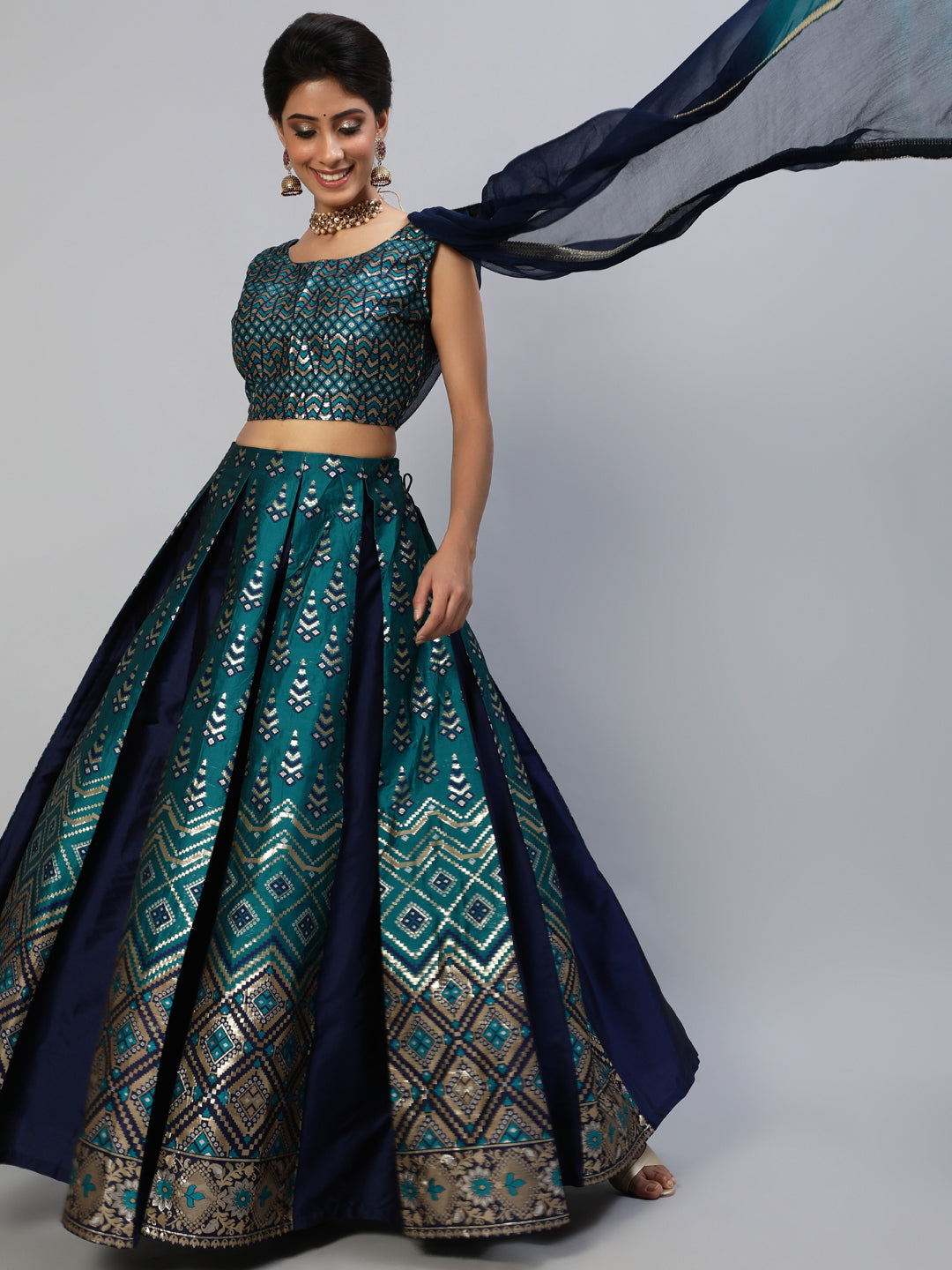 Teal Blue Gold Zari Work Lehenga Choli With Dupatta - Elganza