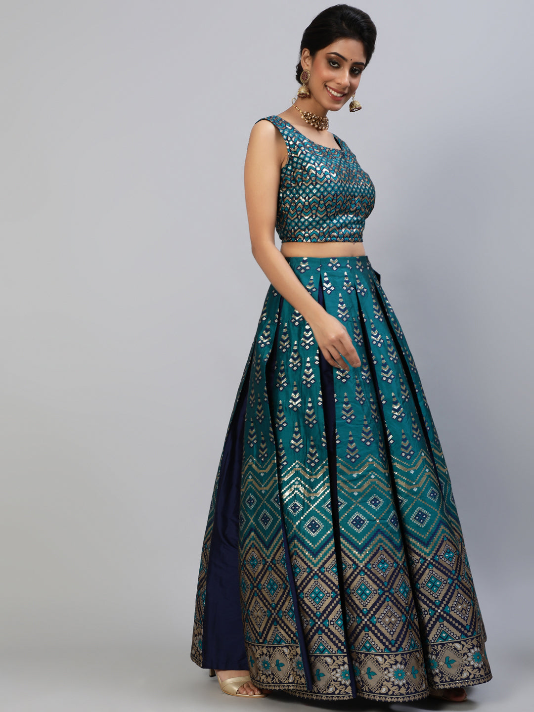 Teal Blue Gold Zari Work Lehenga Choli With Dupatta - Elganza