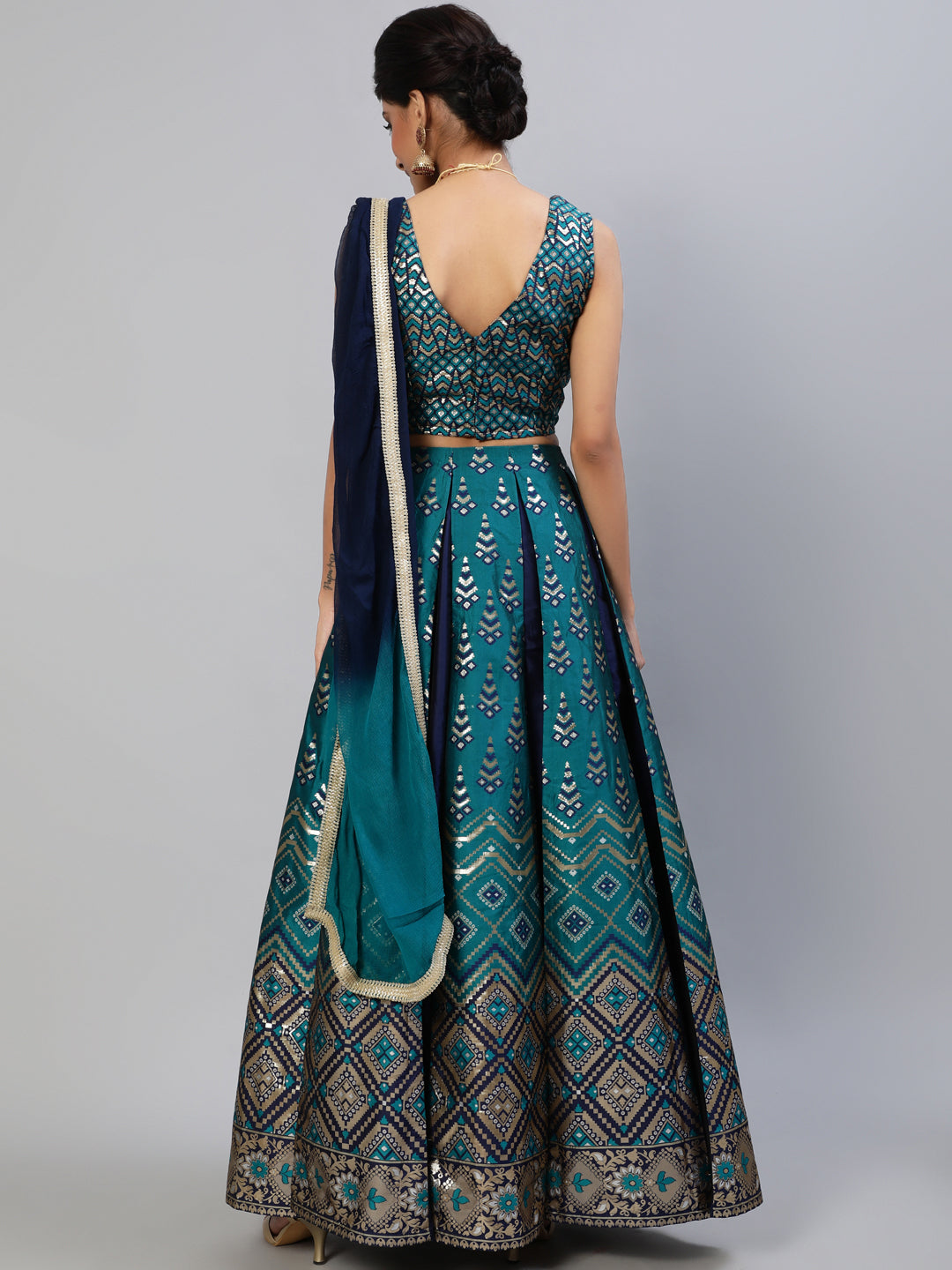 Teal Blue Gold Zari Work Lehenga Choli With Dupatta - Elganza