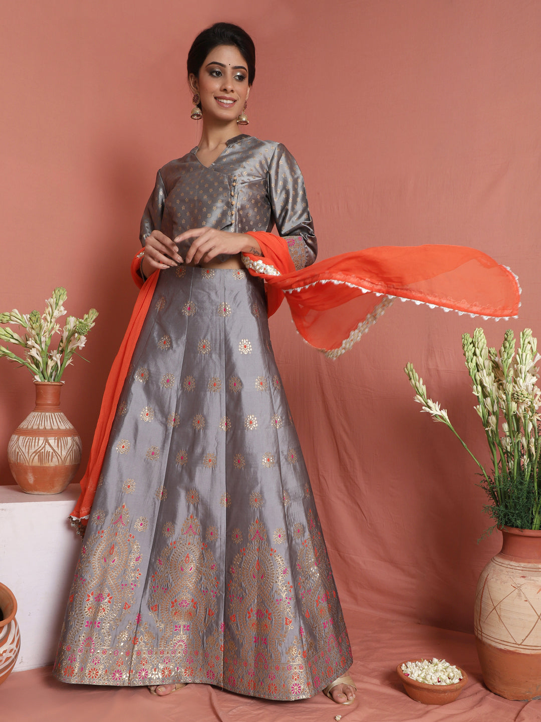 Grey Gold Zari Work Lehenga Choli With Dupatta - Elganza