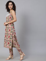 Cream Floral Print Kurta Pant With Feather Lace Details - Elganza