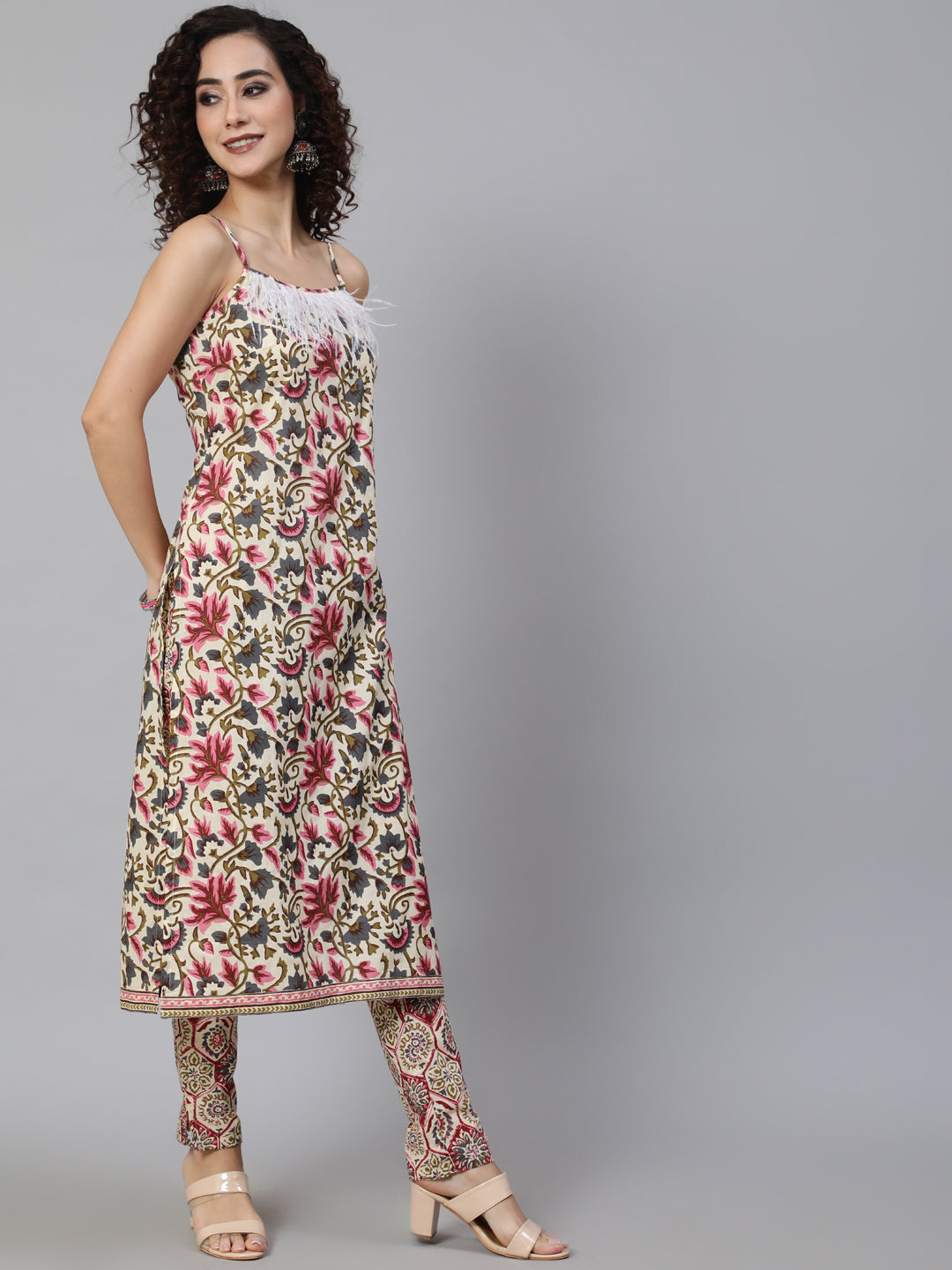 Cream Floral Print Kurta Pant With Feather Lace Details - Elganza