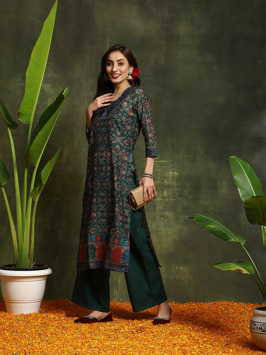 Green Floral Print Couple Combo - Elganza