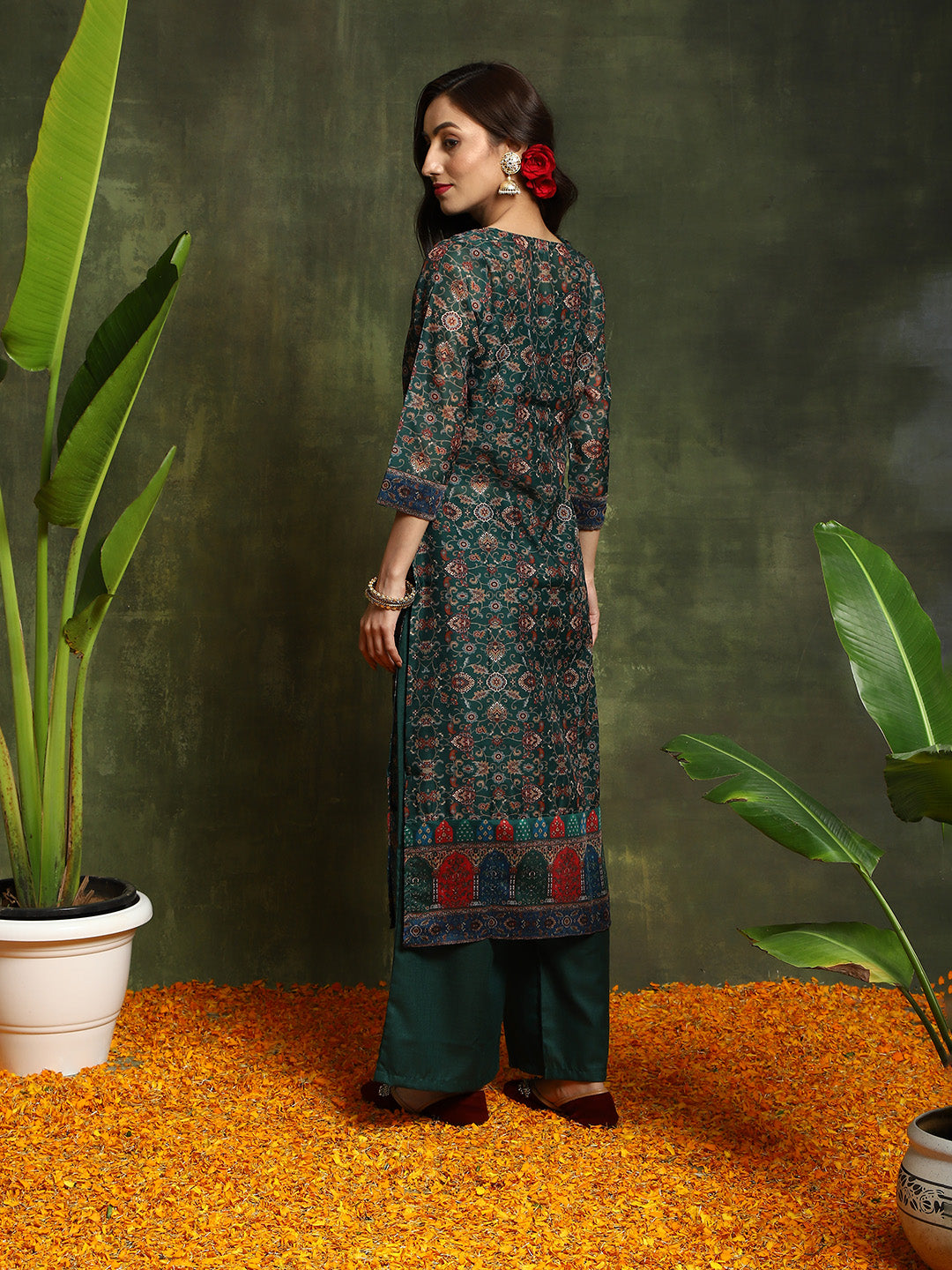 Green Floral Print Couple Combo - Elganza