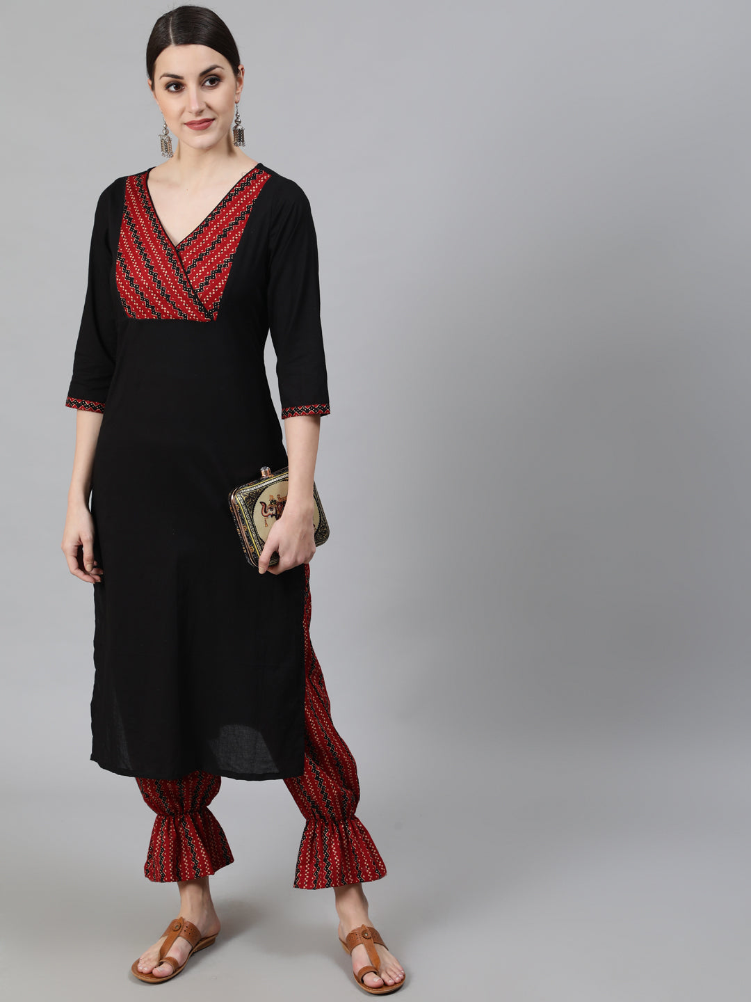 Black Chevron Print Cotton Kurta With Balloon Palazzo - Elganza
