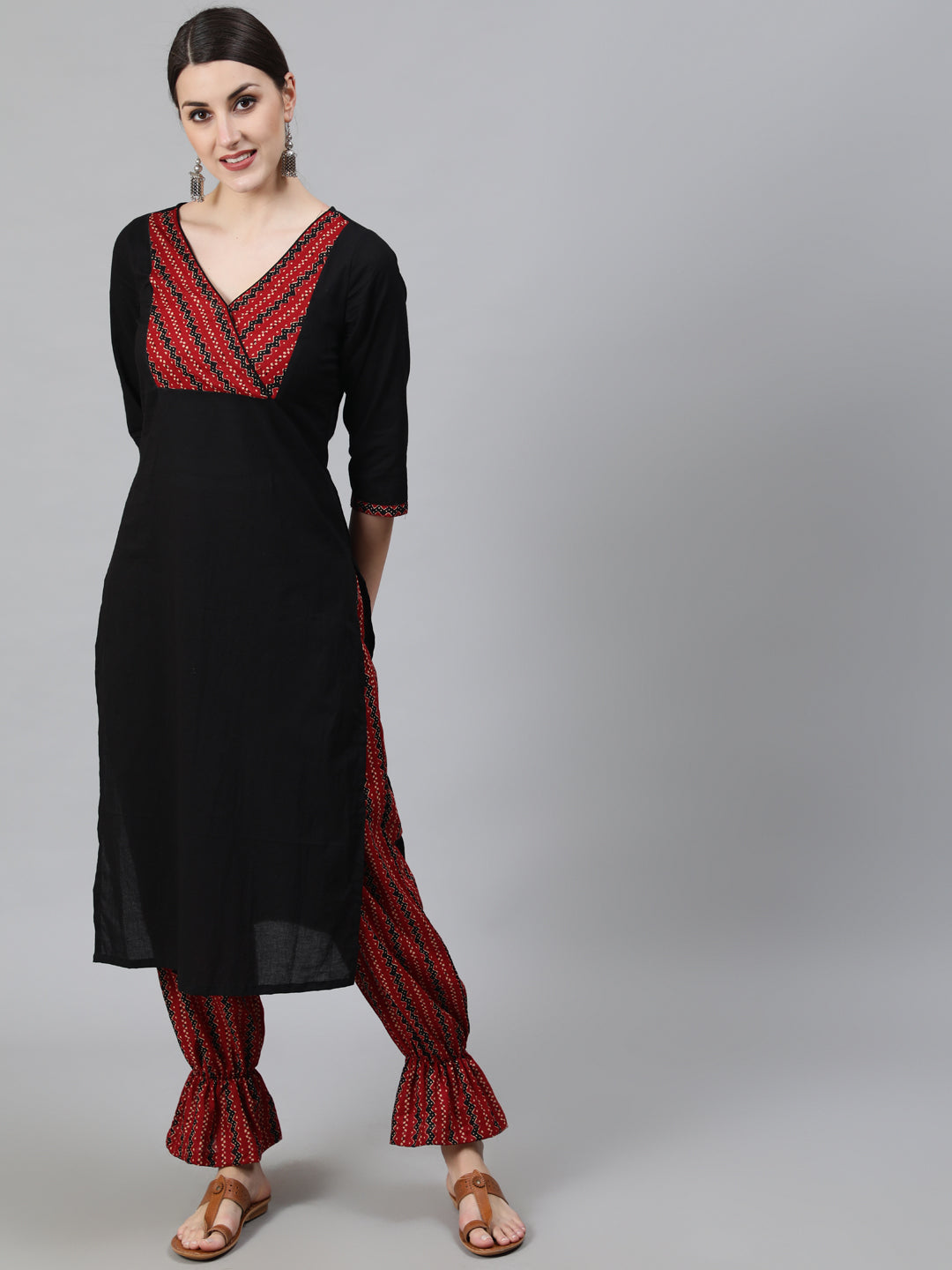 Black Chevron Print Cotton Kurta With Balloon Palazzo - Elganza
