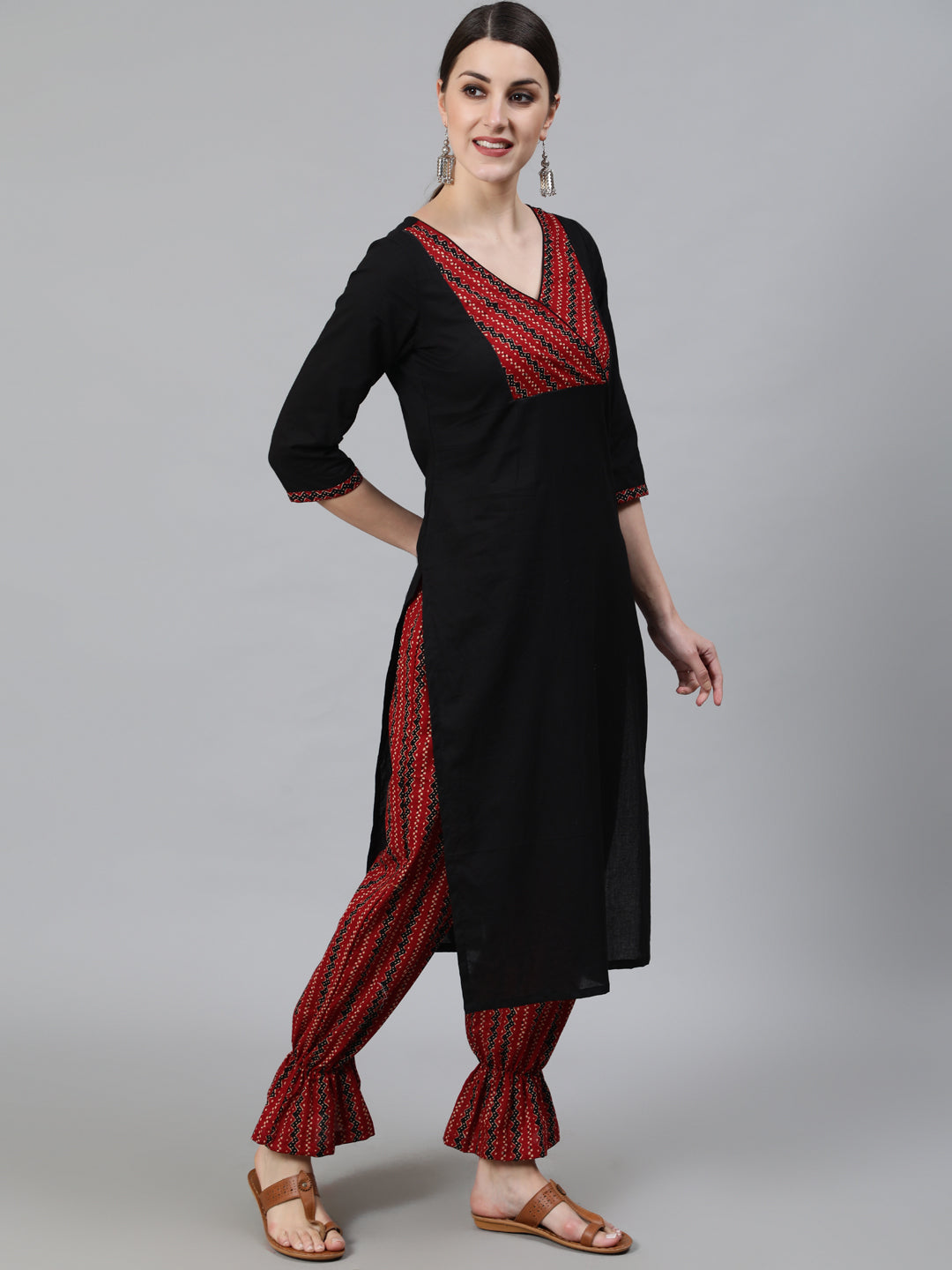 Black Chevron Print Cotton Kurta With Balloon Palazzo - Elganza