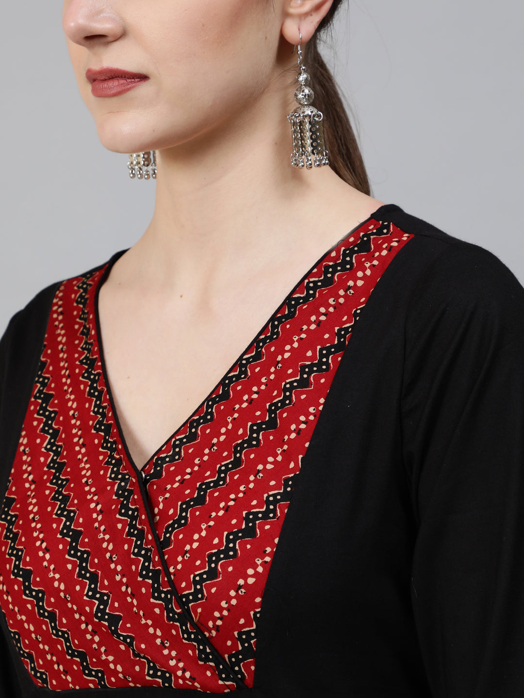 Black Chevron Print Cotton Kurta With Balloon Palazzo - Elganza