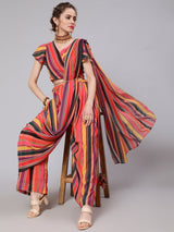 Multicolor Striped Palazzo Saree With Blouse - Elganza