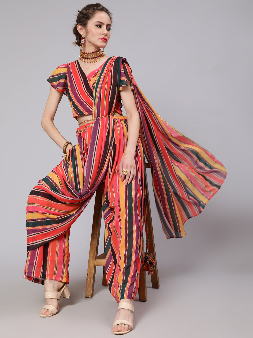Multicolor Striped Palazzo Saree With Blouse - Elganza