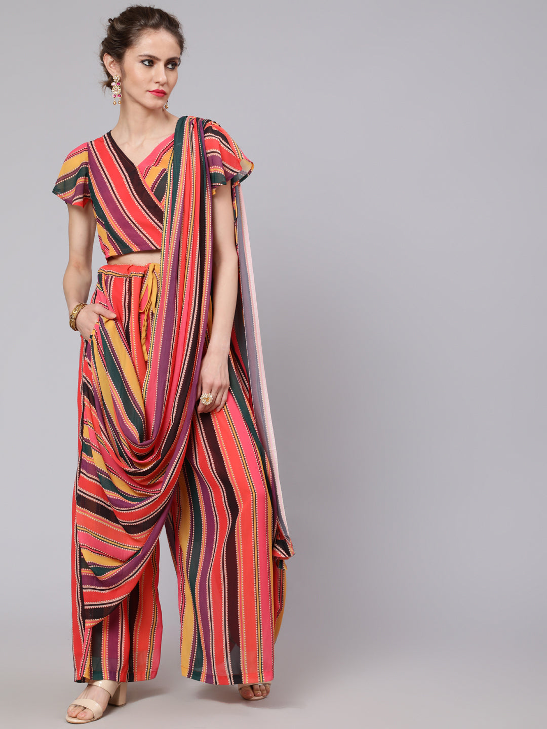 Multicolor Striped Palazzo Saree With Blouse - Elganza