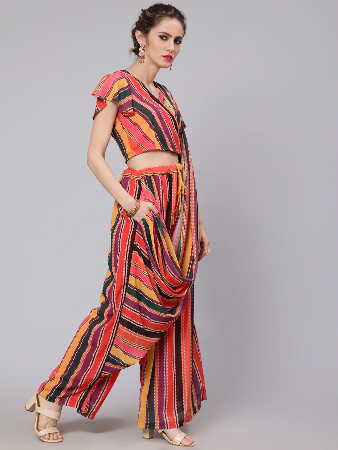 Multicolor Striped Palazzo Saree With Blouse - Elganza