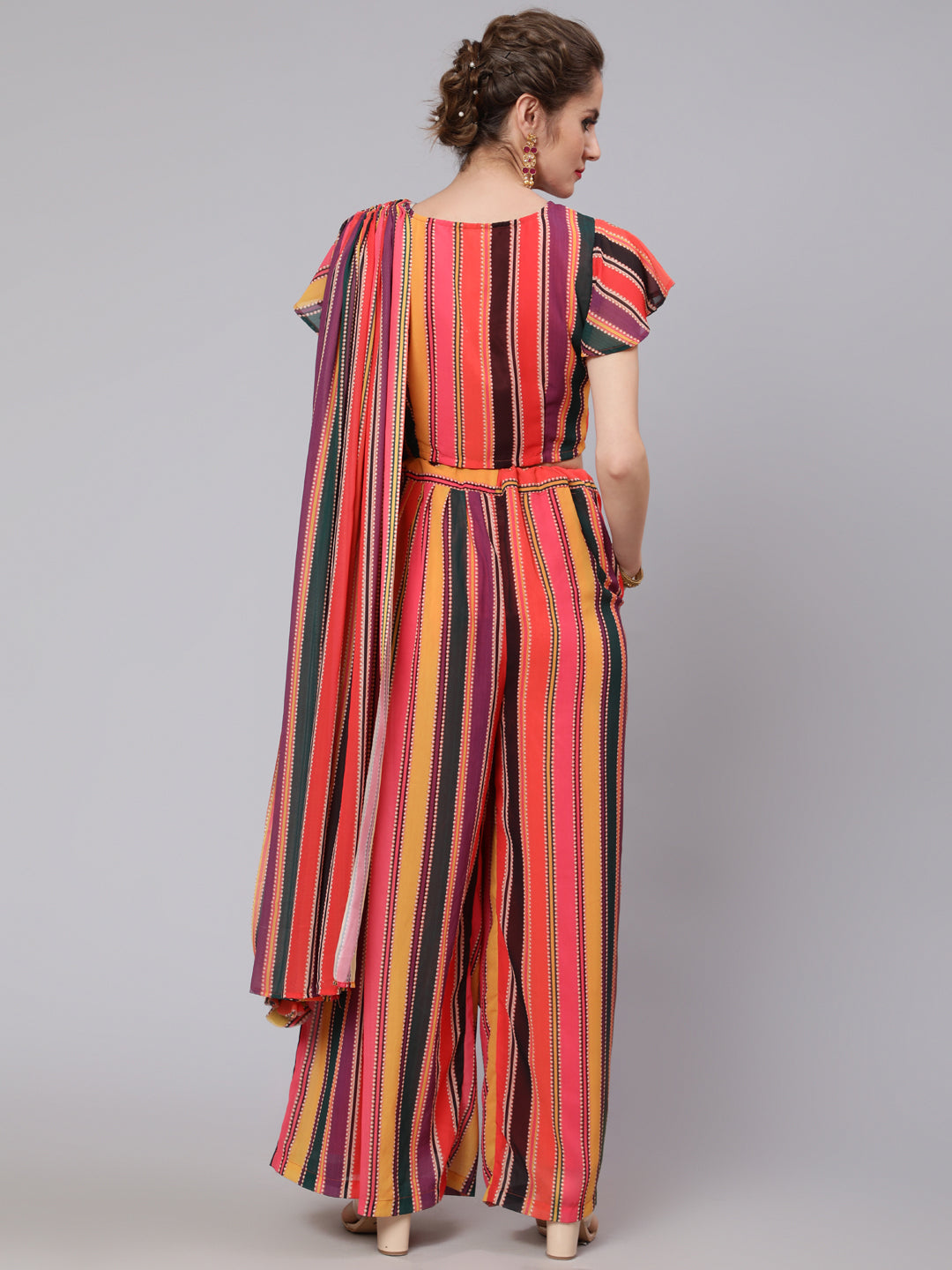 Multicolor Striped Palazzo Saree With Blouse - Elganza