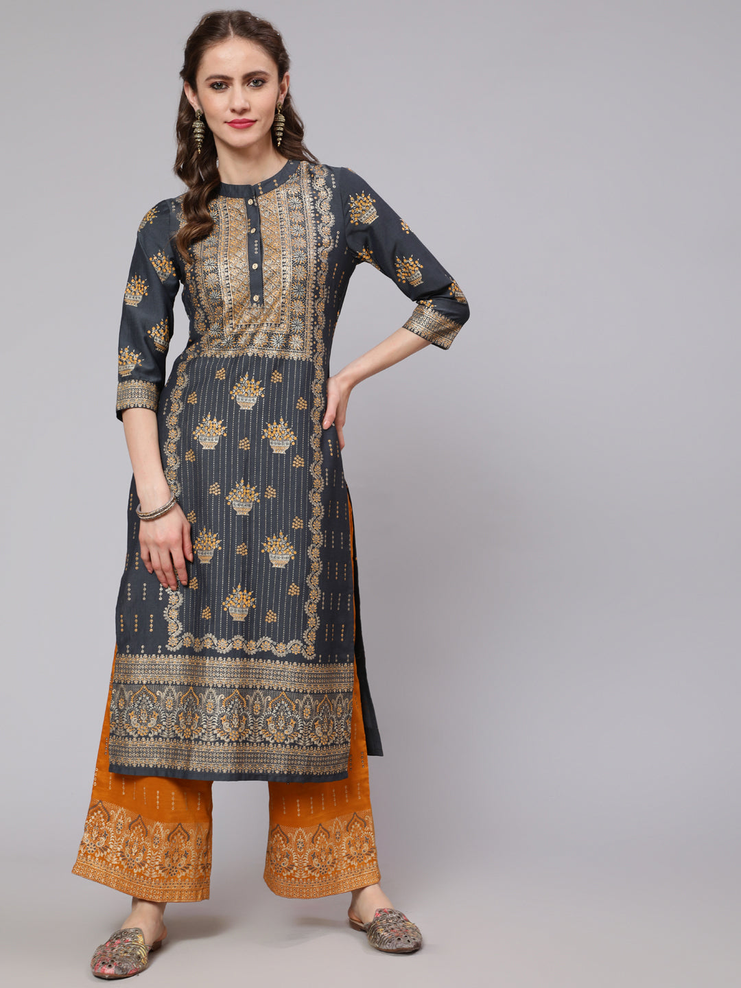 Grey & Mustard Placement Print Kurta Set With Palazzo - Elganza