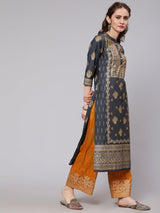 Grey & Mustard Placement Print Kurta Set With Palazzo - Elganza