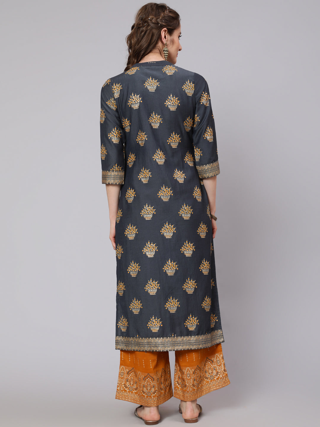 Grey & Mustard Placement Print Kurta Set With Palazzo - Elganza