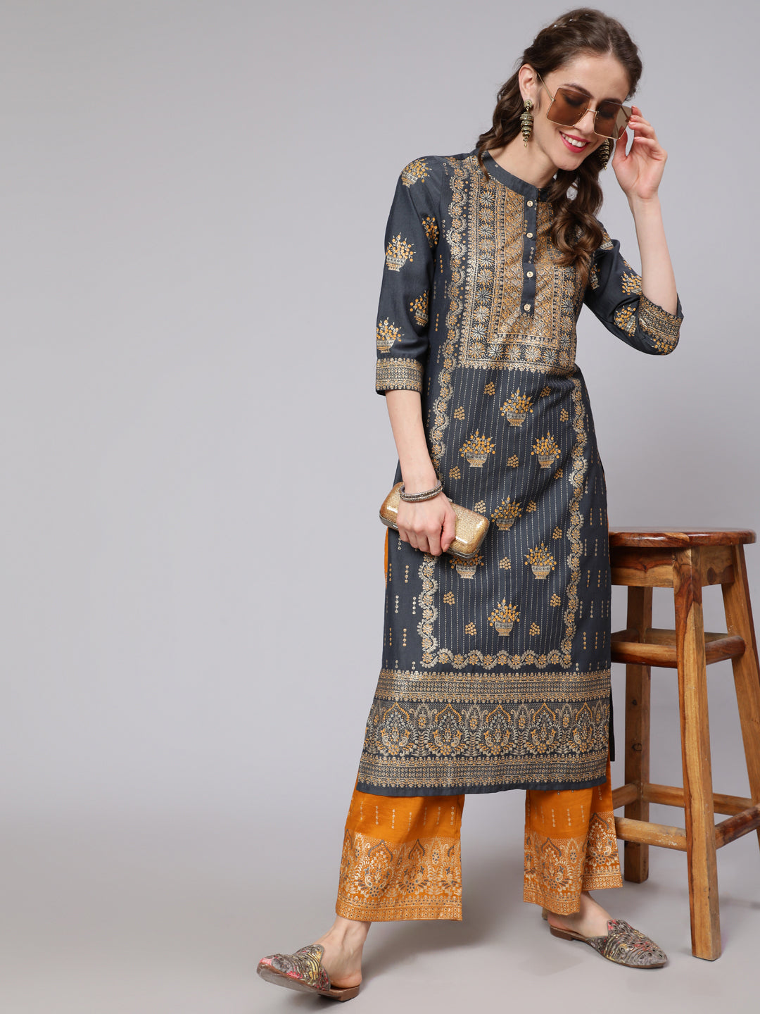 Grey & Mustard Placement Print Kurta Set With Palazzo - Elganza