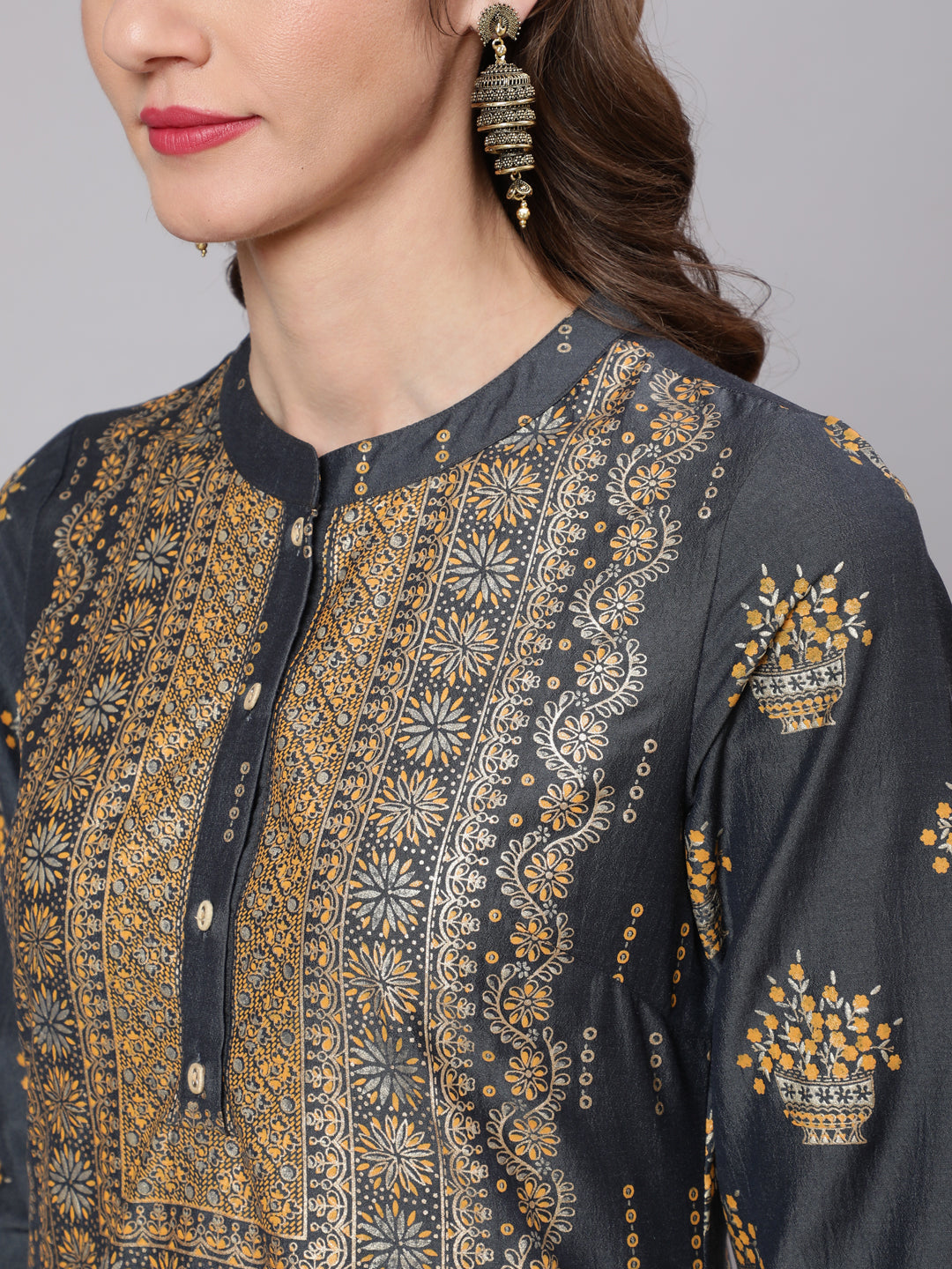 Grey & Mustard Placement Print Kurta Set With Palazzo - Elganza
