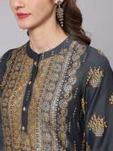 Grey & Mustard Placement Print Kurta Set With Palazzo - Elganza