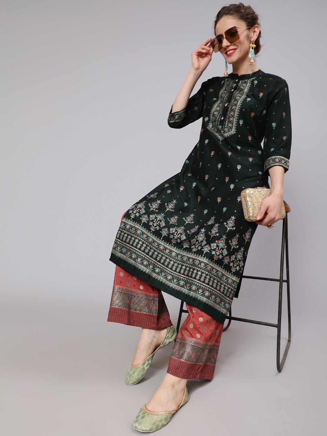 Dark Green & Rust Placement Print Kurta With Palazzo - Elganza