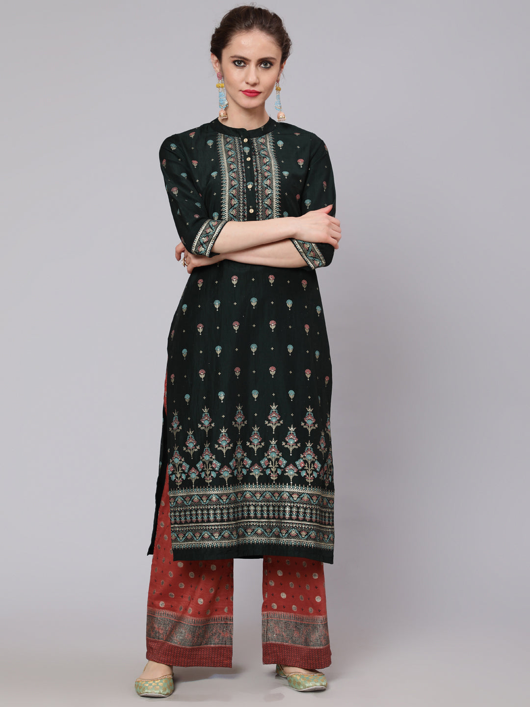 Dark Green & Rust Placement Print Kurta With Palazzo - Elganza