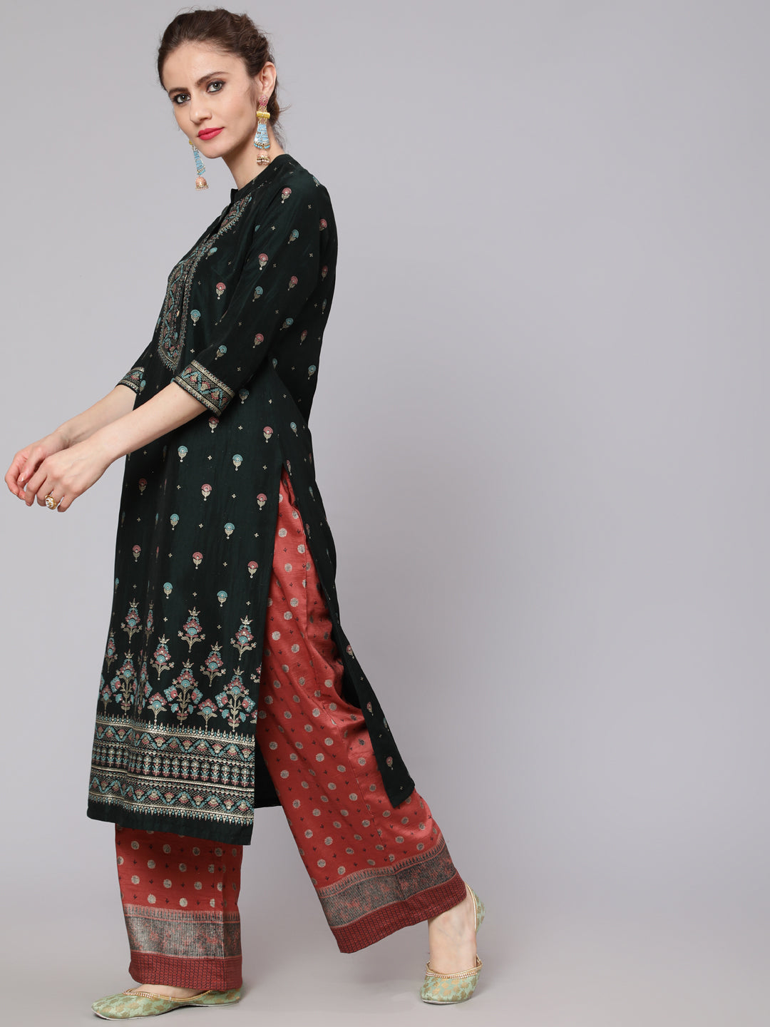Dark Green & Rust Placement Print Kurta With Palazzo - Elganza