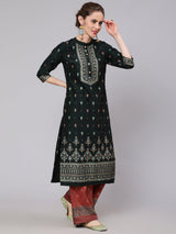Dark Green & Rust Placement Print Kurta With Palazzo - Elganza