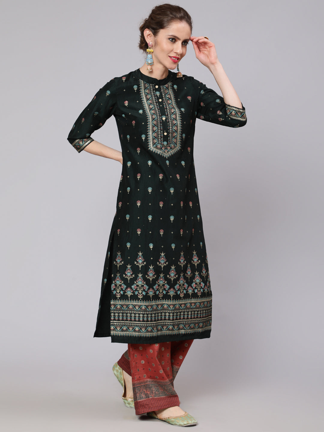 Dark Green & Rust Placement Print Kurta With Palazzo - Elganza
