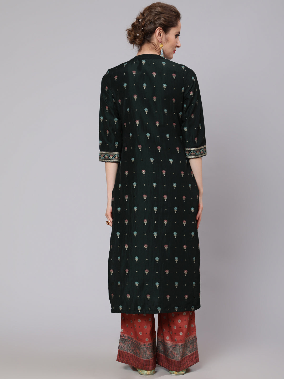Dark Green & Rust Placement Print Kurta With Palazzo - Elganza