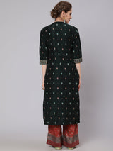 Dark Green & Rust Placement Print Kurta With Palazzo - Elganza