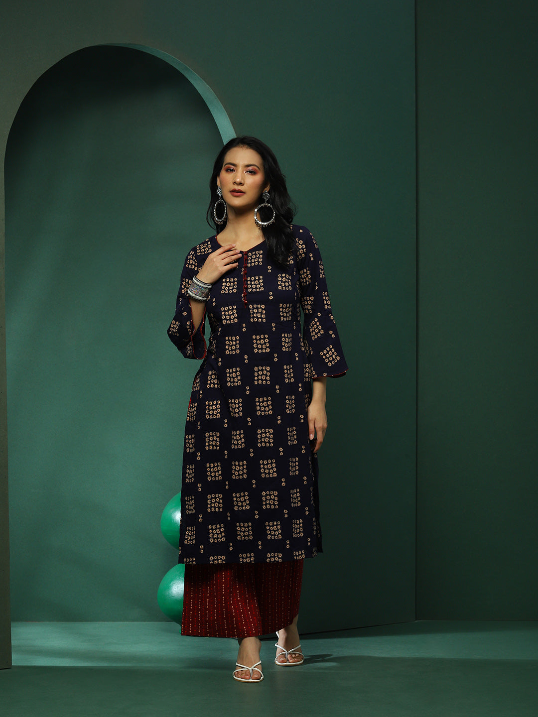 Navy Blue & Maroon Floral Print Kurta With Palazzo - Elganza