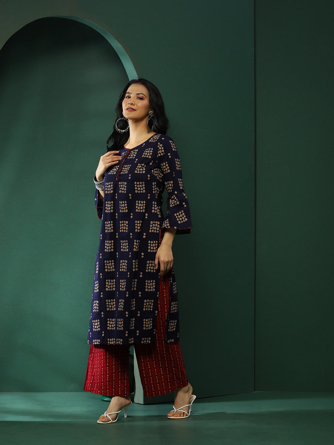 Navy Blue & Maroon Floral Print Kurta With Palazzo - Elganza