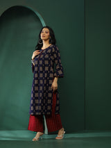 Navy Blue & Maroon Floral Print Kurta With Palazzo - Elganza