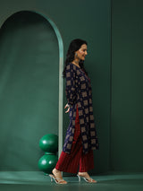 Navy Blue & Maroon Floral Print Kurta With Palazzo - Elganza
