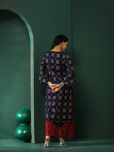 Navy Blue & Maroon Floral Print Kurta With Palazzo - Elganza