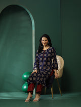 Navy Blue & Maroon Floral Print Kurta With Palazzo - Elganza