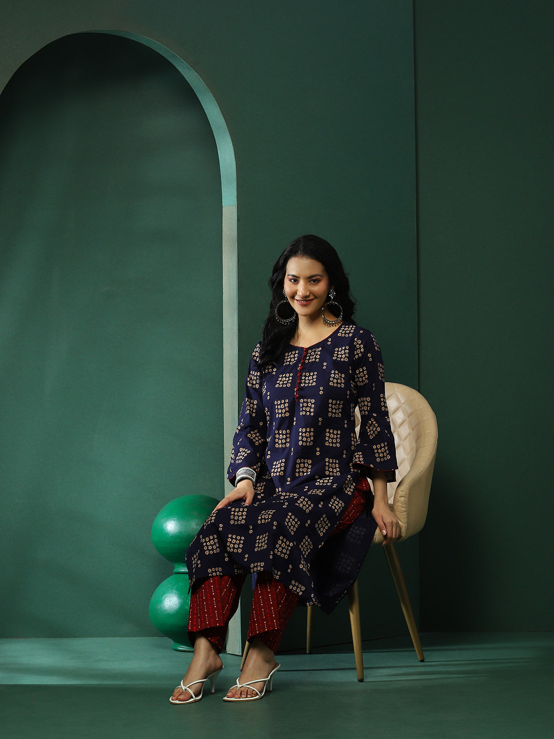 Navy Blue & Maroon Floral Print Kurta With Palazzo - Elganza