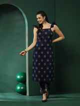 Navy Blue Floral Print Kurta With Pant - Elganza