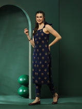 Navy Blue Floral Print Kurta With Pant - Elganza