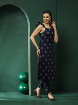 Navy Blue Floral Print Kurta With Pant - Elganza
