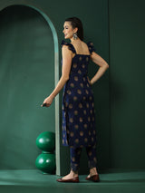 Navy Blue Floral Print Kurta With Pant - Elganza