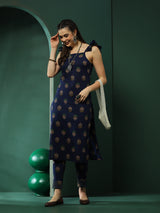 Navy Blue Floral Print Kurta With Pant - Elganza